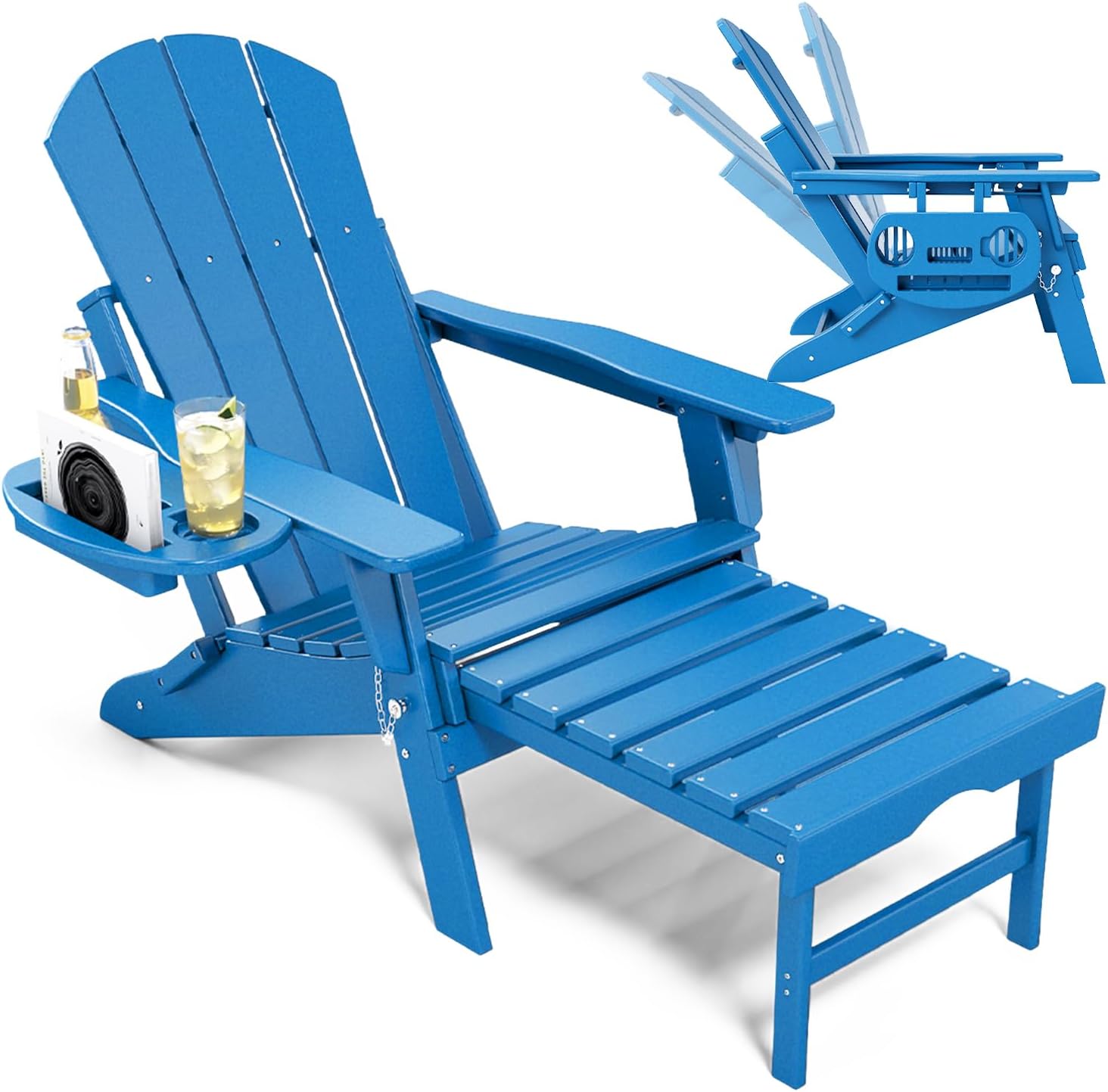 NAVINE Adjustable Adirondack Chair with Retractable Ottoman Set of 2, HDPE Folding Adirondack Chair with Cup Holder, All Weather Fire Pit Chair for Outdoor.