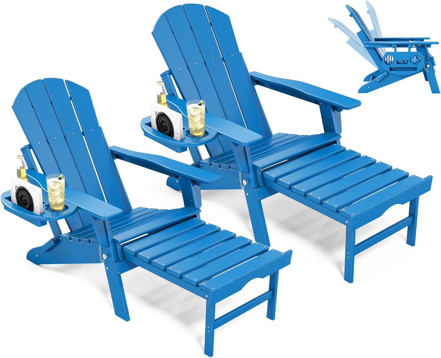 NAVINE Adjustable Adirondack Chair with Retractable Ottoman Set of 2, HDPE Folding Adirondack Chair with Cup Holder, All Weather Fire Pit Chair for Outdoor.