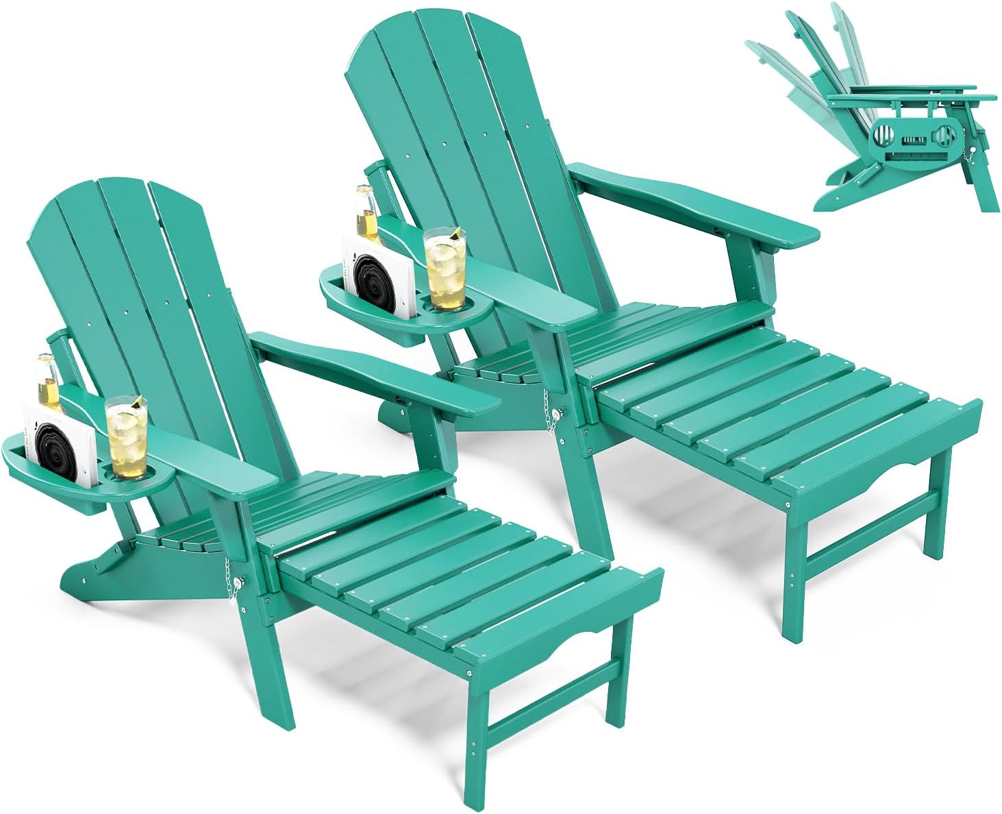 NAVINE Adjustable Adirondack Chair with Retractable Ottoman Set of 2, HDPE Folding Adirondack Chair with Cup Holder, All Weather Fire Pit Chair for Outdoor.