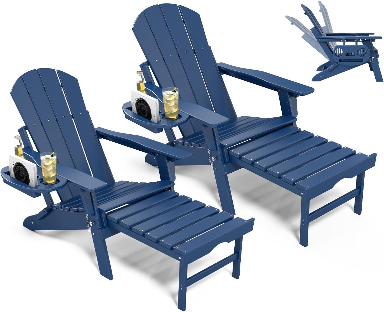 NAVINE Adjustable Adirondack Chair with Retractable Ottoman Set of 2, HDPE Folding Adirondack Chair with Cup Holder, All Weather Fire Pit Chair for Outdoor.