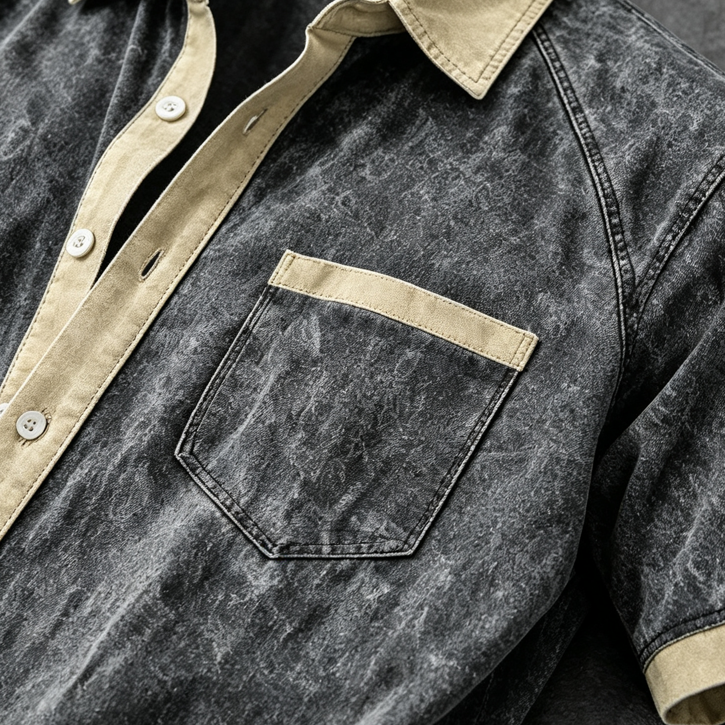 Vintage Washed Contrast Trim Pocket Short Sleeve Shirt For Men