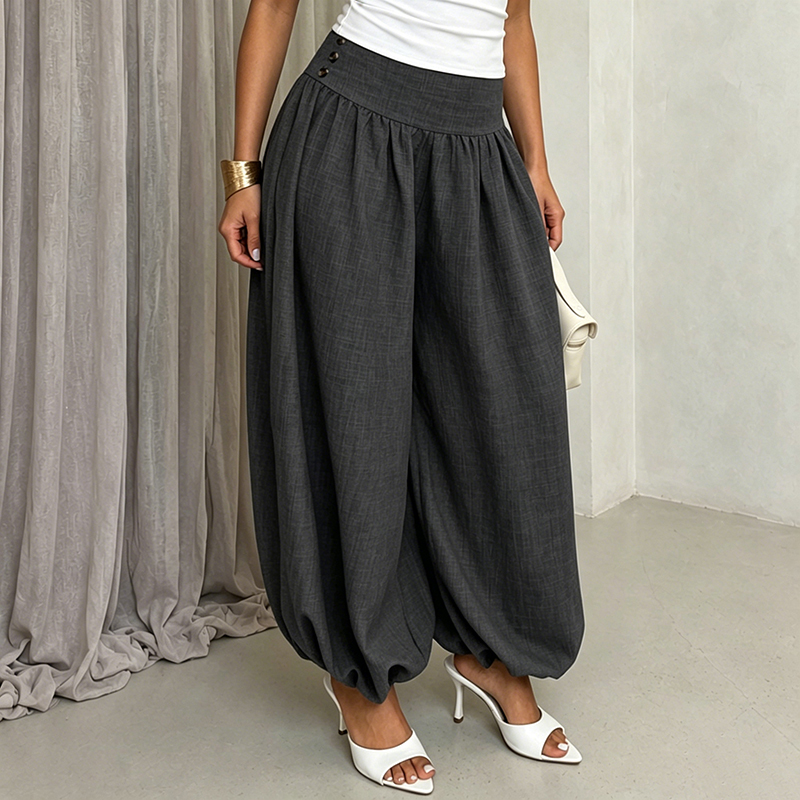 Women's European and American style loose high-waisted lantern pants, solid color cotton and linen casual harem pants with a good drape.