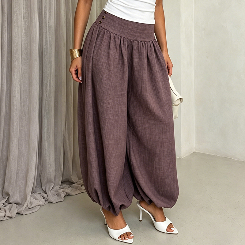 Women's European and American style loose high-waisted lantern pants, solid color cotton and linen casual harem pants with a good drape.