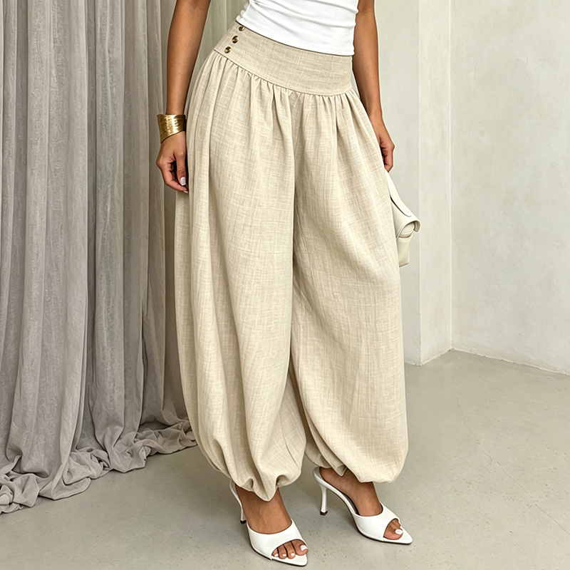 Women's European and American style loose high-waisted lantern pants, solid color cotton and linen casual harem pants with a good drape.