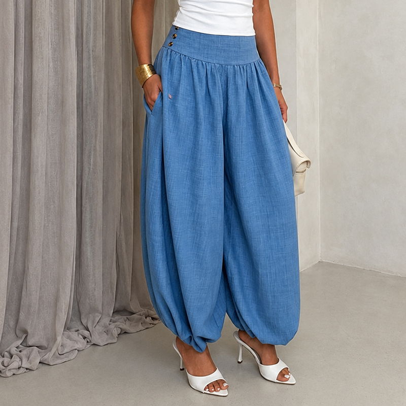 Women's European and American style loose high-waisted lantern pants, solid color cotton and linen casual harem pants with a good drape.