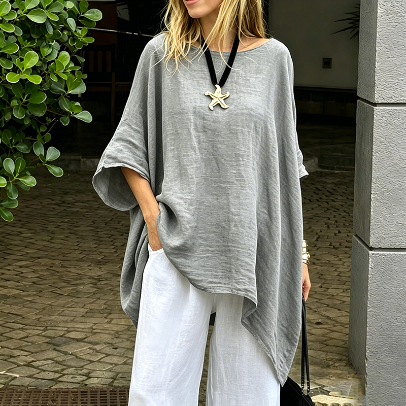 Women's Irregular Hem Cotton Linen Shirt, Fashionable Solid Color Round Neck 34-Sleeve Casual Top