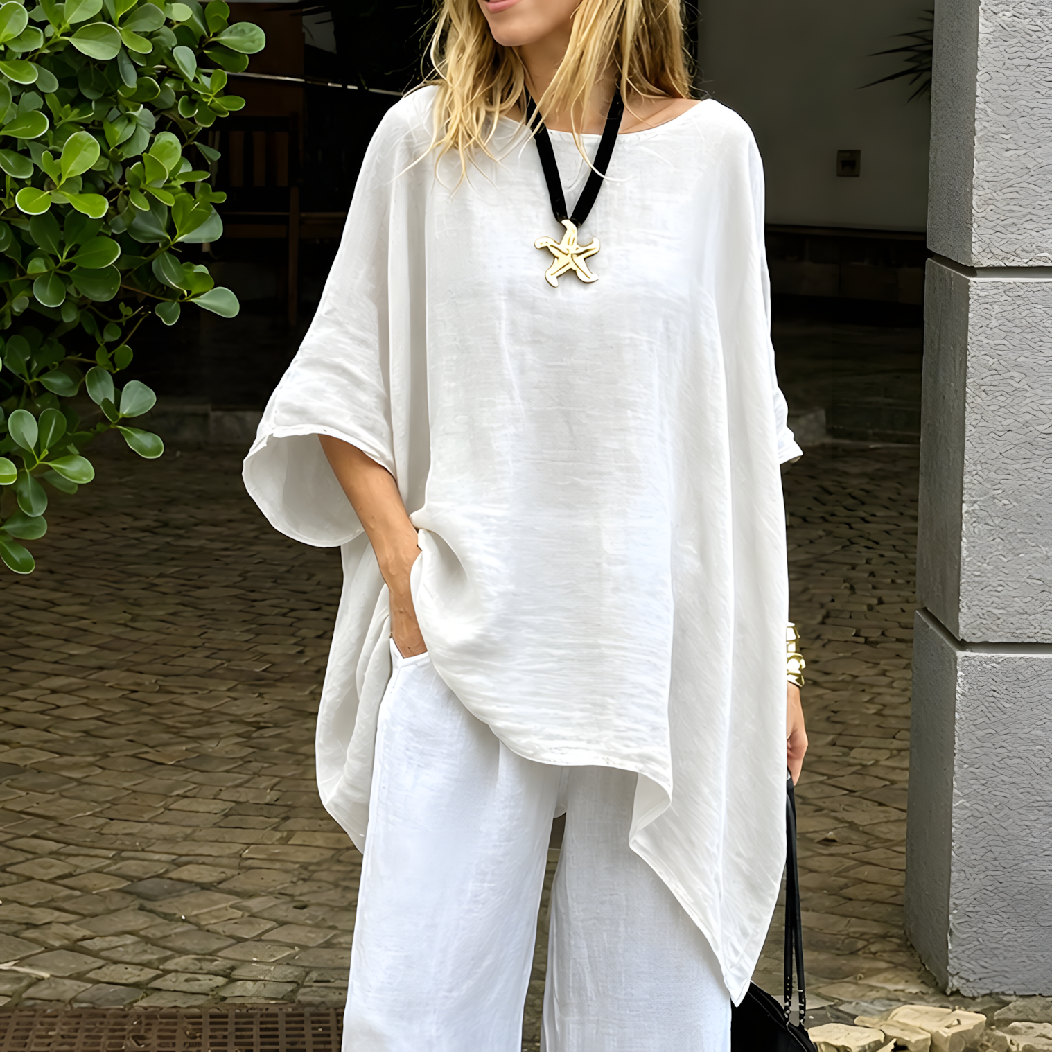 Women's Irregular Hem Cotton Linen Shirt, Fashionable Solid Color Round Neck 34-Sleeve Casual Top