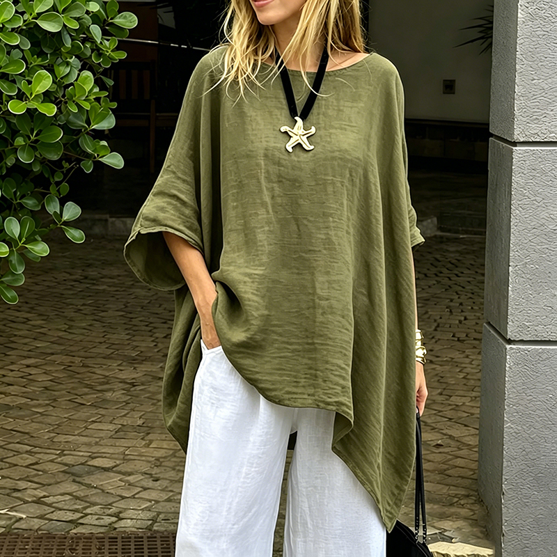 Women's Irregular Hem Cotton Linen Shirt, Fashionable Solid Color Round Neck 34-Sleeve Casual Top