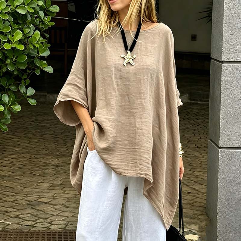 Women's Irregular Hem Cotton Linen Shirt, Fashionable Solid Color Round Neck 34-Sleeve Casual Top