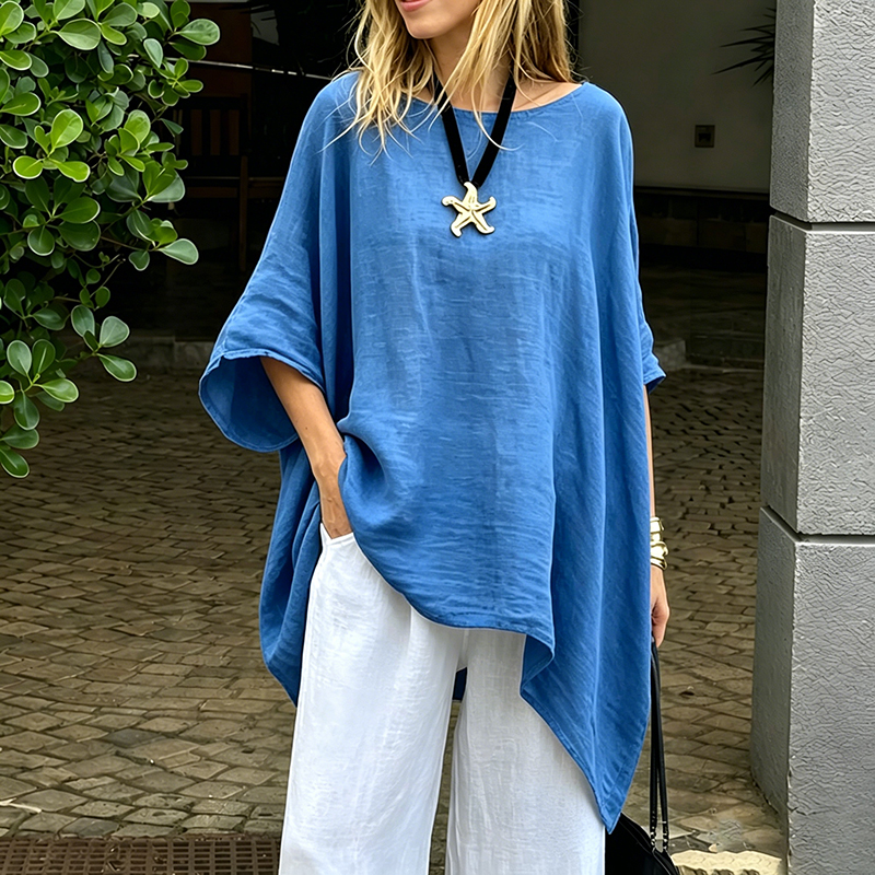 Women's Irregular Hem Cotton Linen Shirt, Fashionable Solid Color Round Neck 34-Sleeve Casual Top