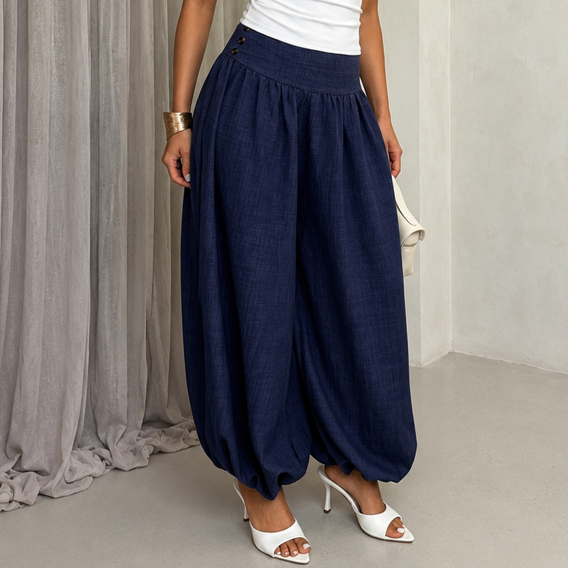 Women's European and American style loose high-waisted lantern pants, solid color cotton and linen casual harem pants with a good drape.