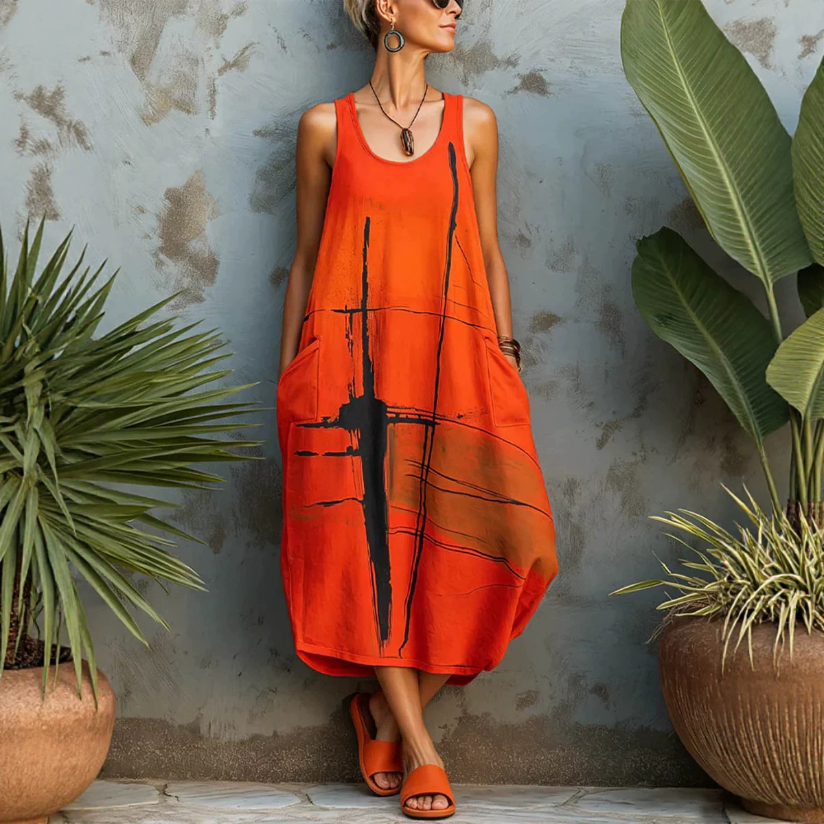 Casual Sleeveless Round Neck Regular Dress With Printing Pattern In Polyester Fabric
