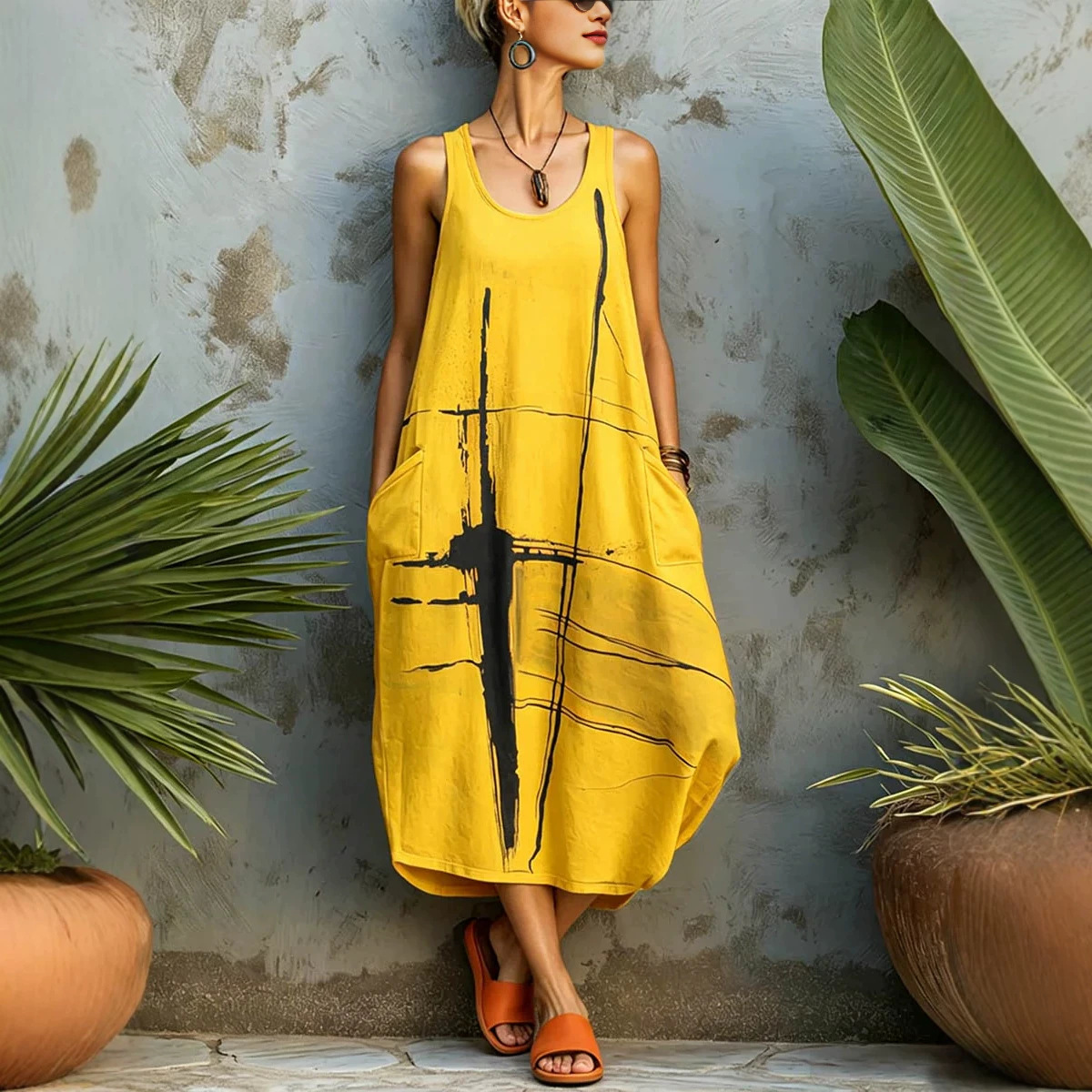 Casual Sleeveless Round Neck Regular Dress With Printing Pattern In Polyester Fabric