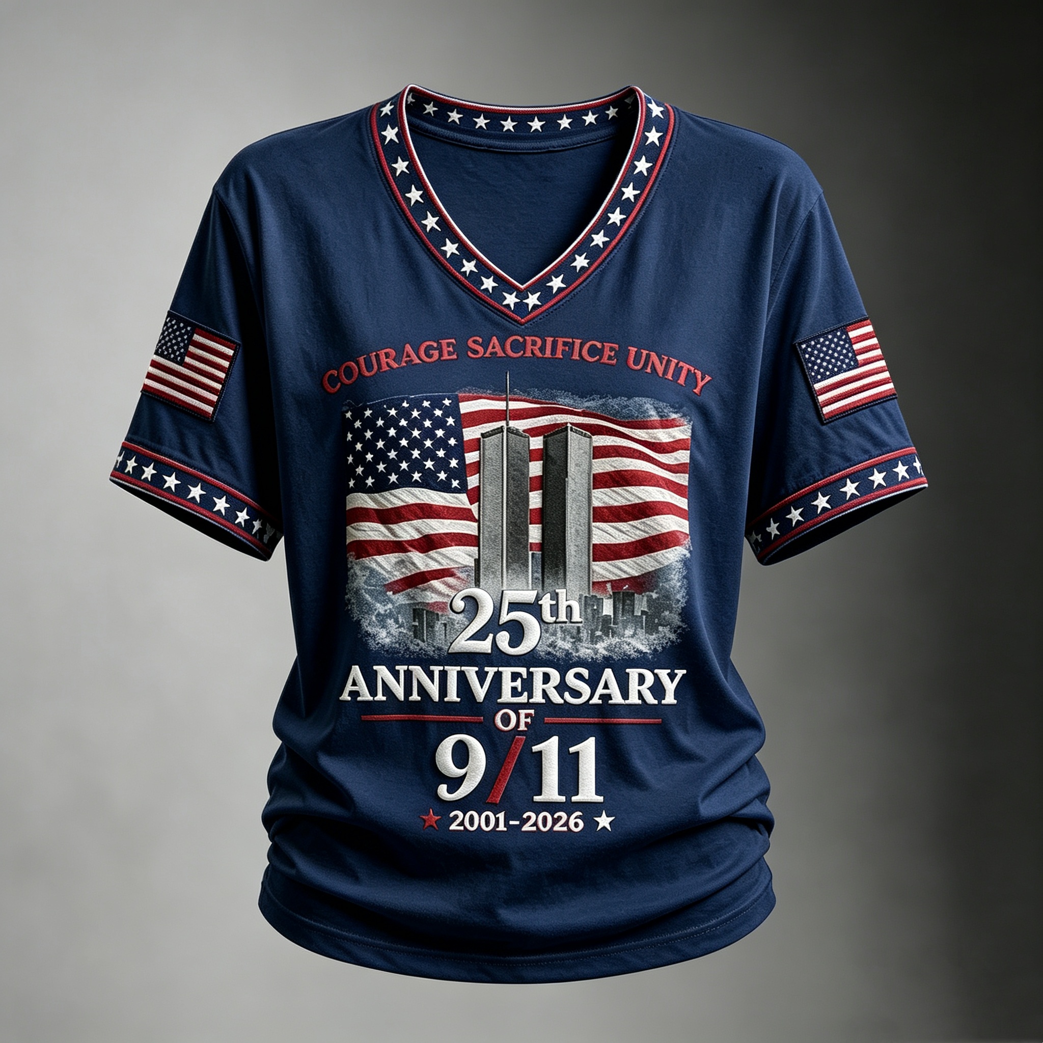 25th Anniversary of 9/11 Memorial Courage Sacrifice Unity Patriotic V Neck T Shirt