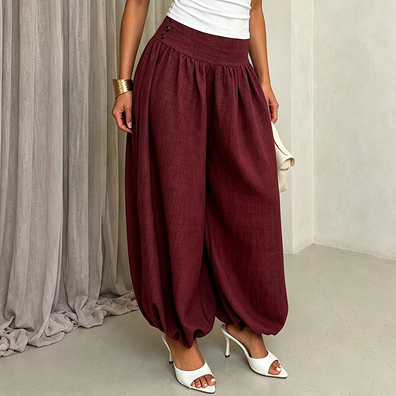 Women's European and American style loose high-waisted lantern pants, solid color cotton and linen casual harem pants with a good drape.