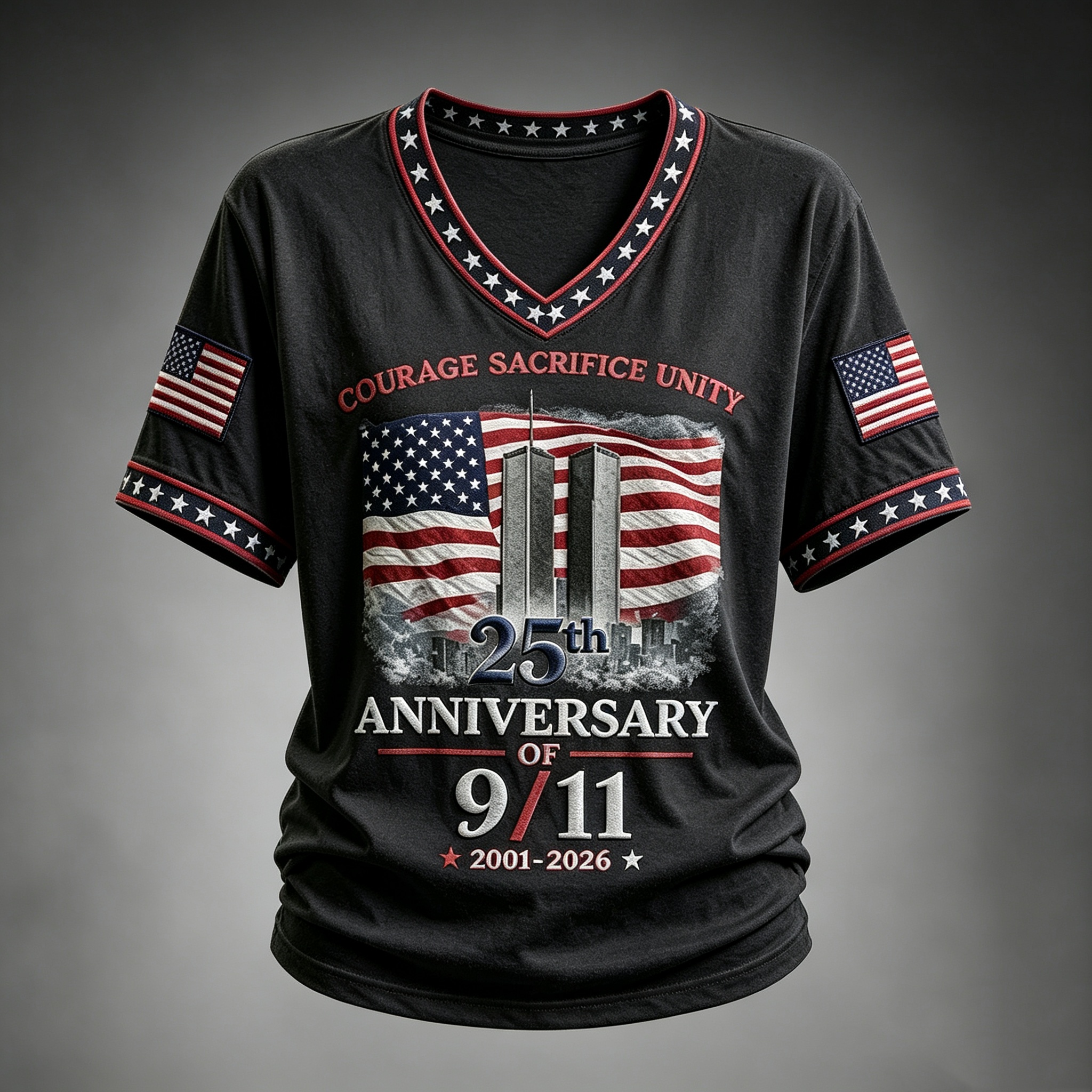 25th Anniversary of 9/11 Memorial Courage Sacrifice Unity Patriotic V Neck T Shirt