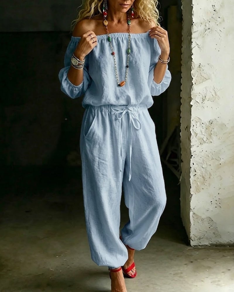 LuxeSilhouette – Off-Shoulder Tie Waist Jumpsuit