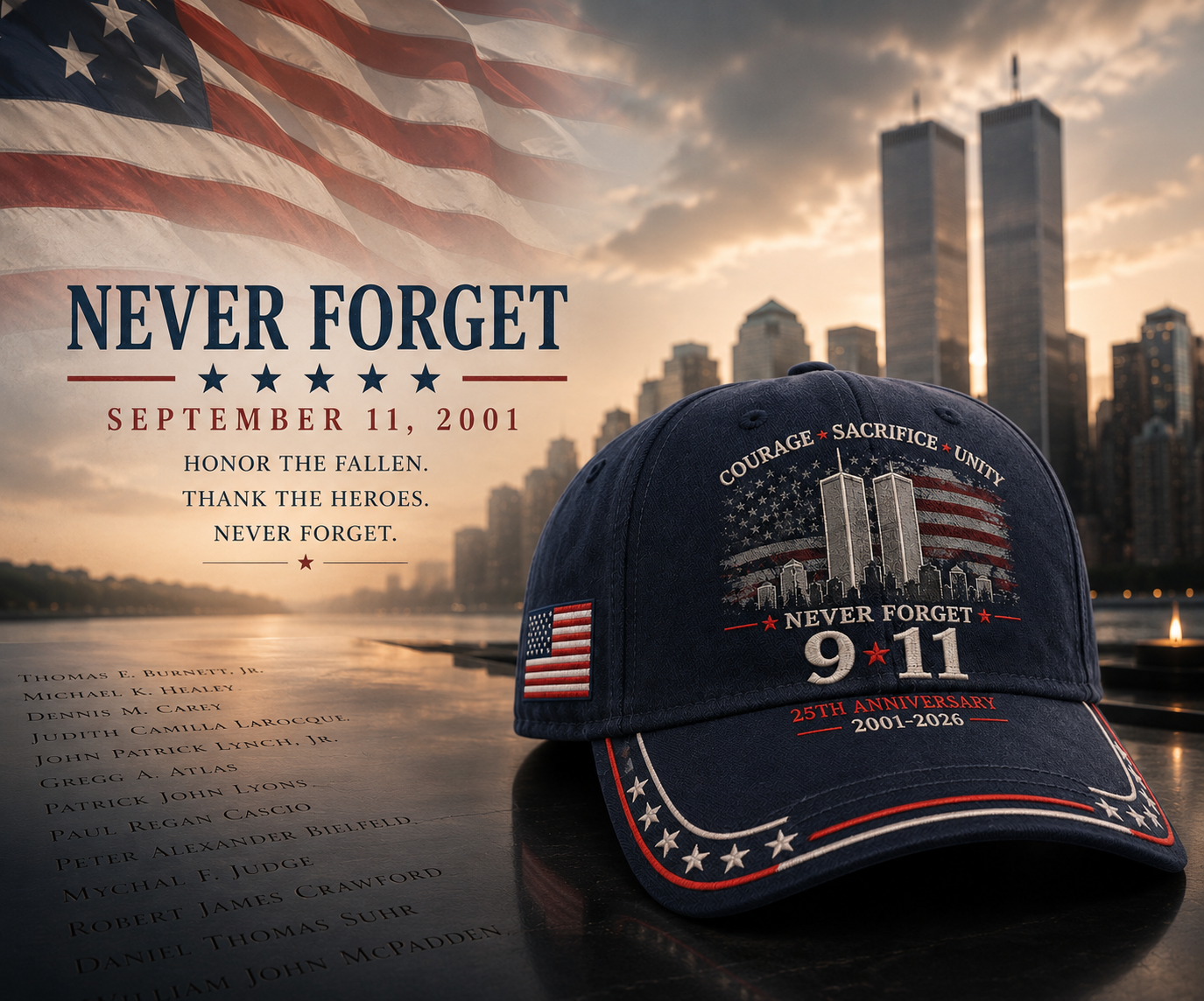 Never Forget 9/11 25th Anniversary Memorial Embroidered Baseball Cap