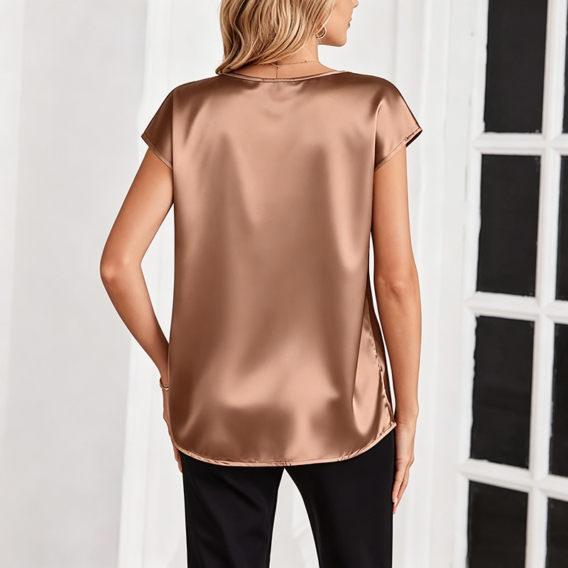 Women V Neck Satin Cap Sleeve Blouse