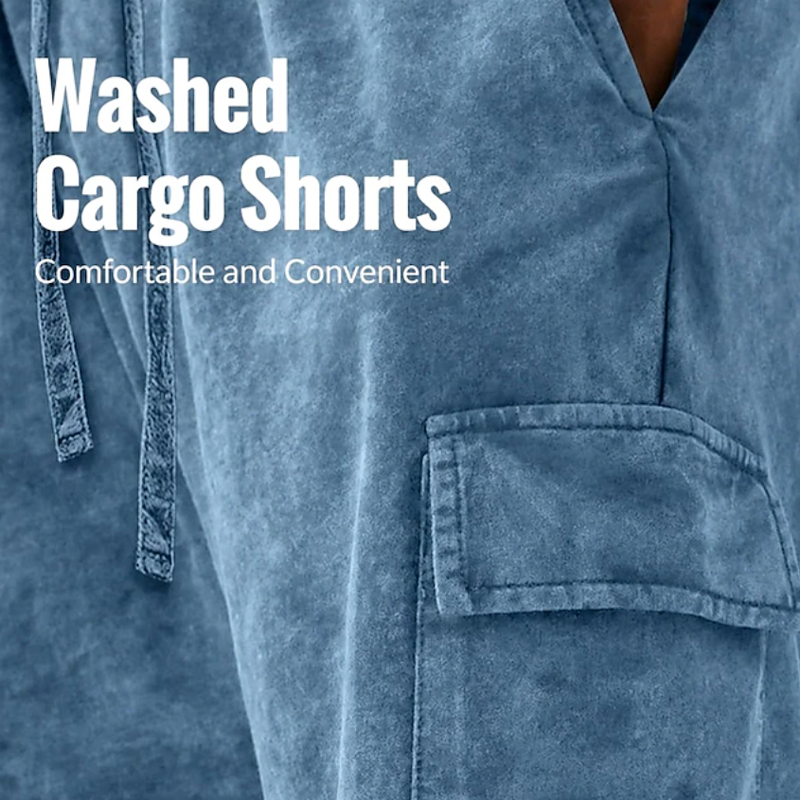 Men Acid Wash Drawstring Elastic Waist Cargo Shorts