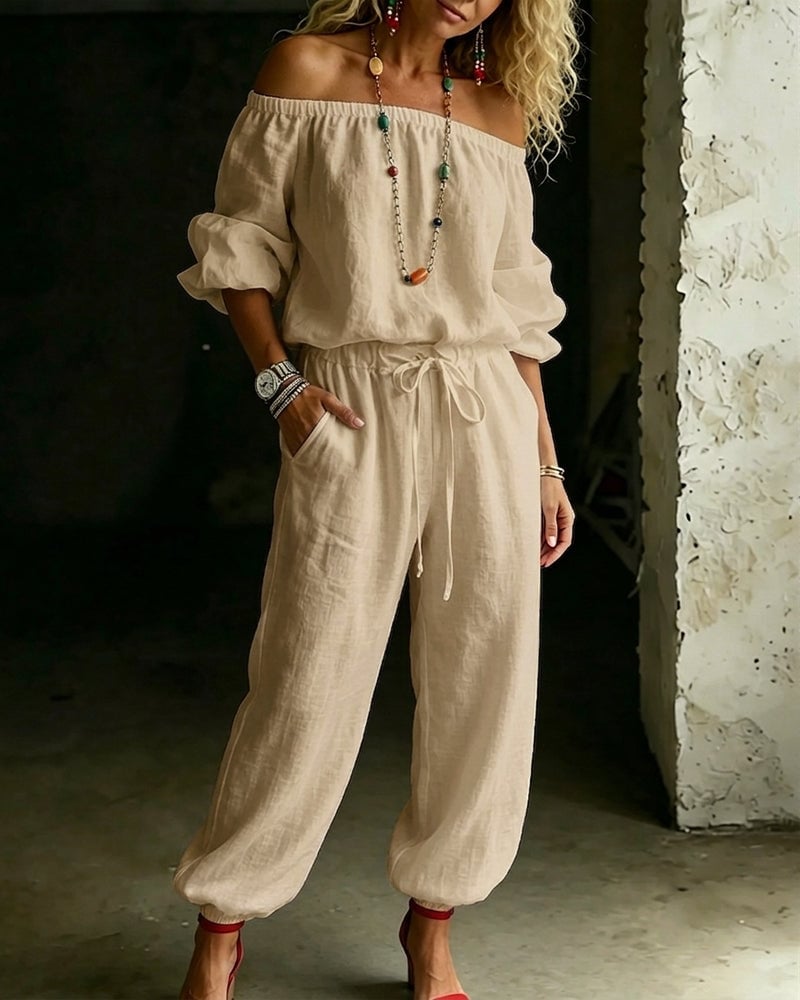 LuxeSilhouette – Off-Shoulder Tie Waist Jumpsuit