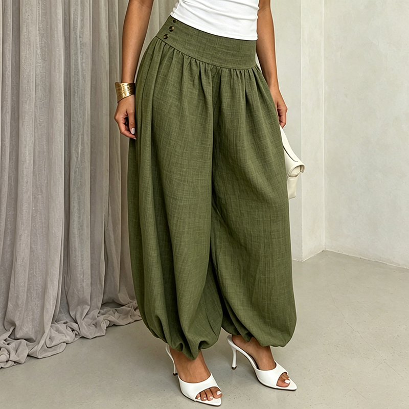 Women's European and American style loose high-waisted lantern pants, solid color cotton and linen casual harem pants with a good drape.