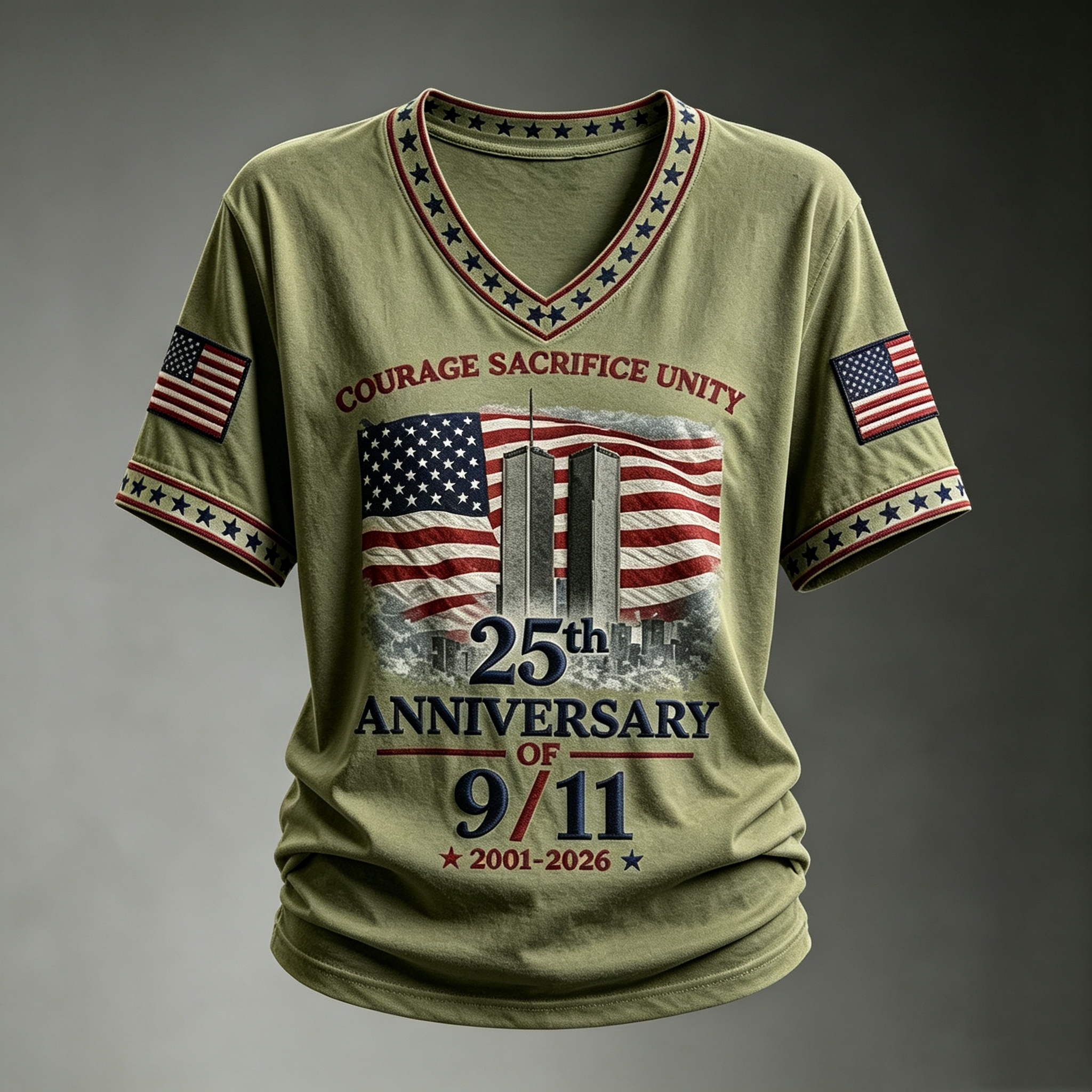 25th Anniversary of 9/11 Memorial Courage Sacrifice Unity Patriotic V Neck T Shirt