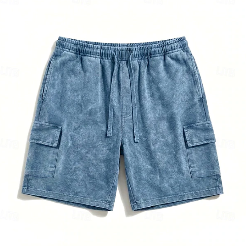 Men Acid Wash Drawstring Elastic Waist Cargo Shorts