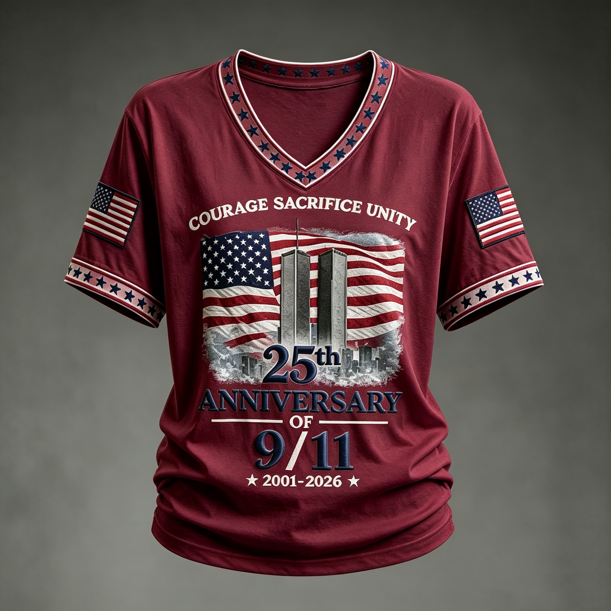 25th Anniversary of 9/11 Memorial Courage Sacrifice Unity Patriotic V Neck T Shirt