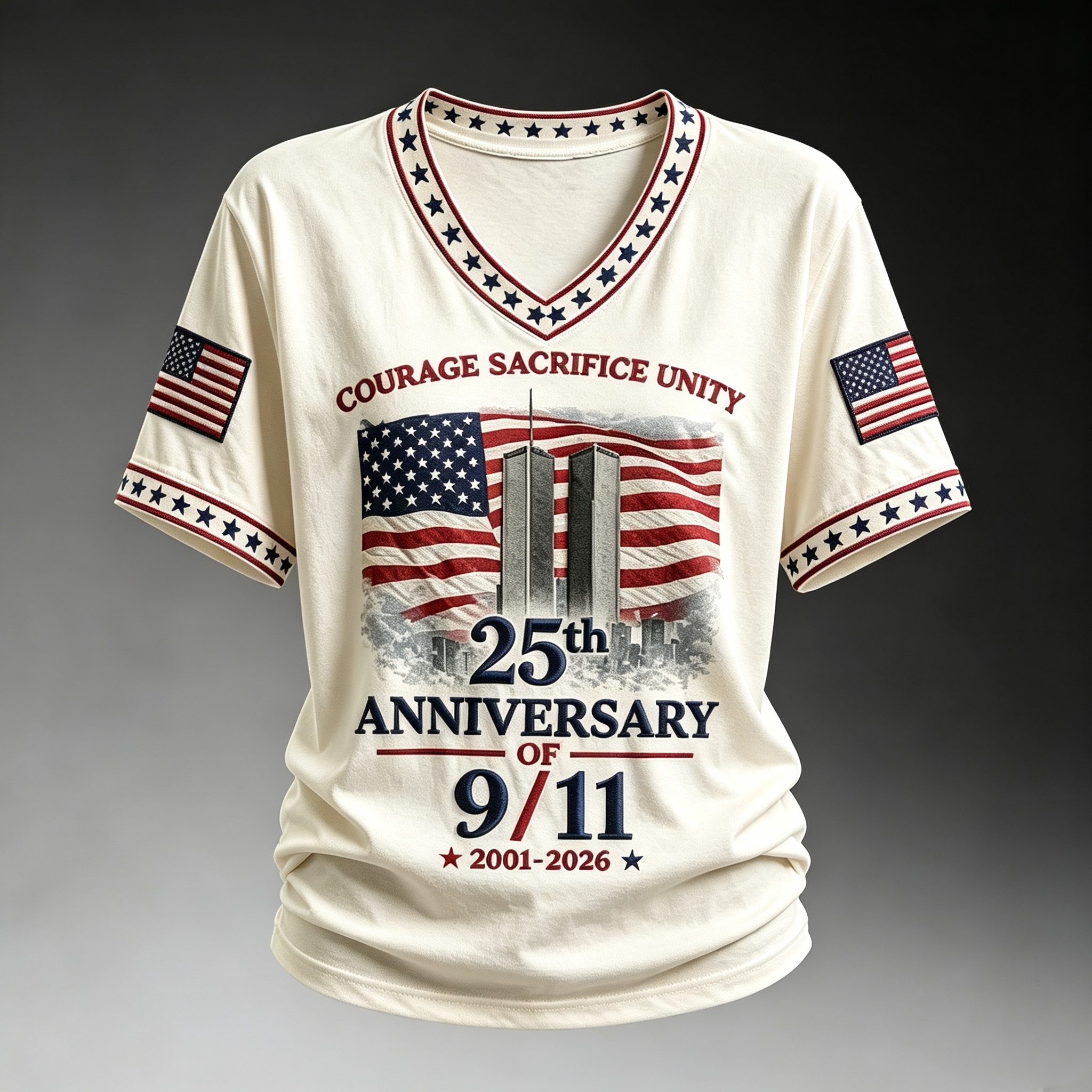 25th Anniversary of 9/11 Memorial Courage Sacrifice Unity Patriotic V Neck T Shirt