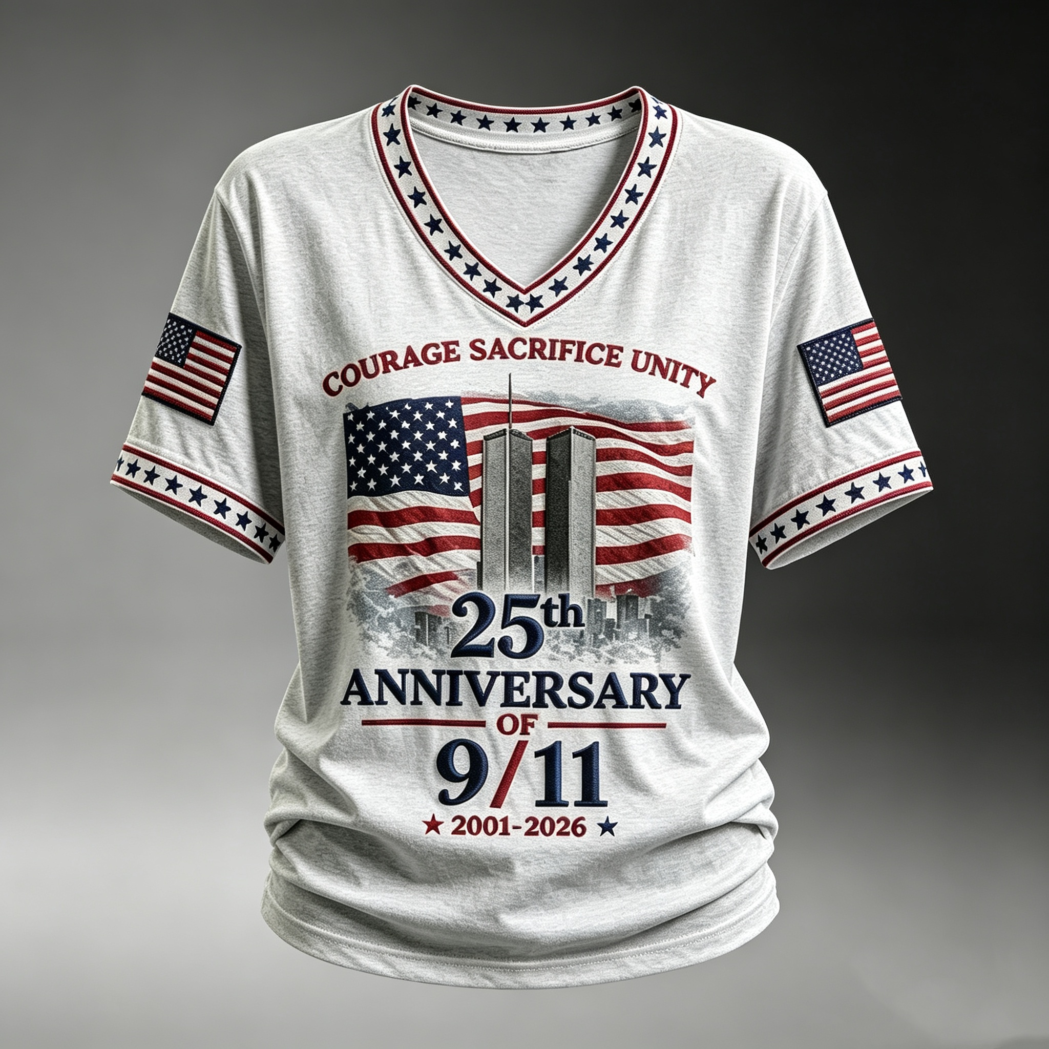25th Anniversary of 9/11 Memorial Courage Sacrifice Unity Patriotic V Neck T Shirt