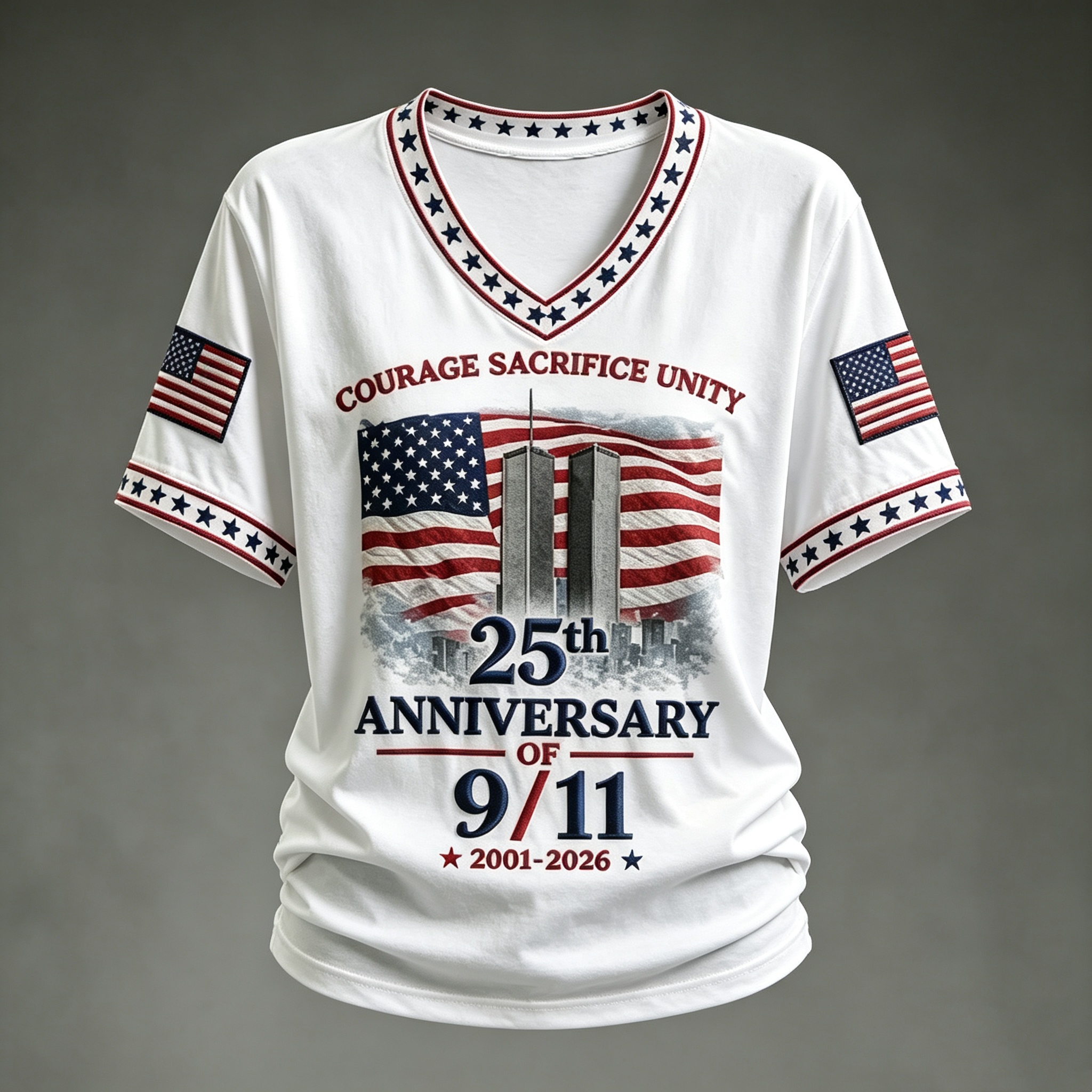 25th Anniversary of 9/11 Memorial Courage Sacrifice Unity Patriotic V Neck T Shirt