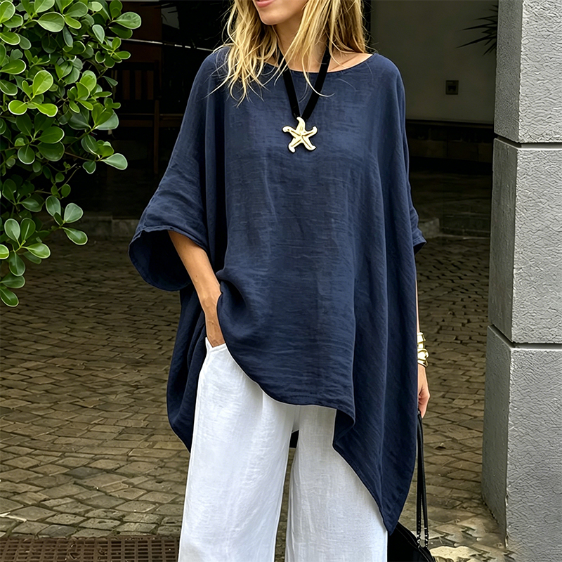 Women's Irregular Hem Cotton Linen Shirt, Fashionable Solid Color Round Neck 34-Sleeve Casual Top