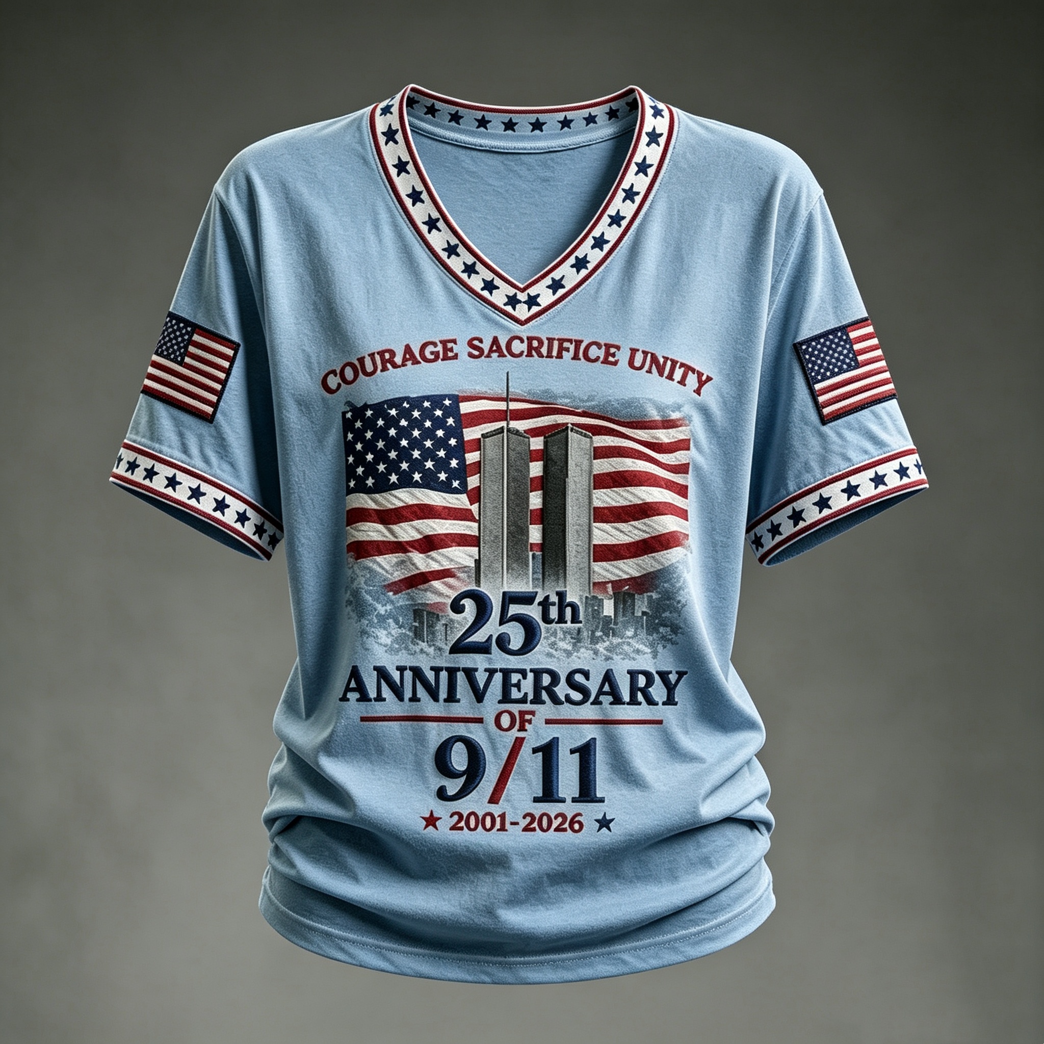 25th Anniversary of 9/11 Memorial Courage Sacrifice Unity Patriotic V Neck T Shirt