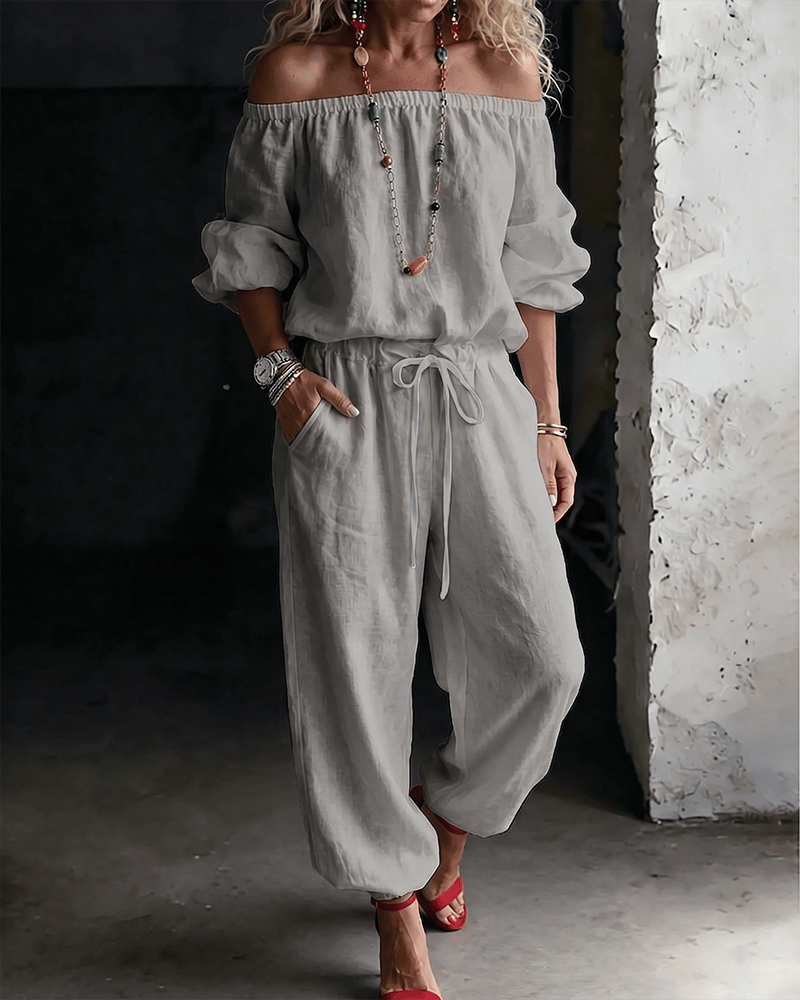 LuxeSilhouette – Off-Shoulder Tie Waist Jumpsuit