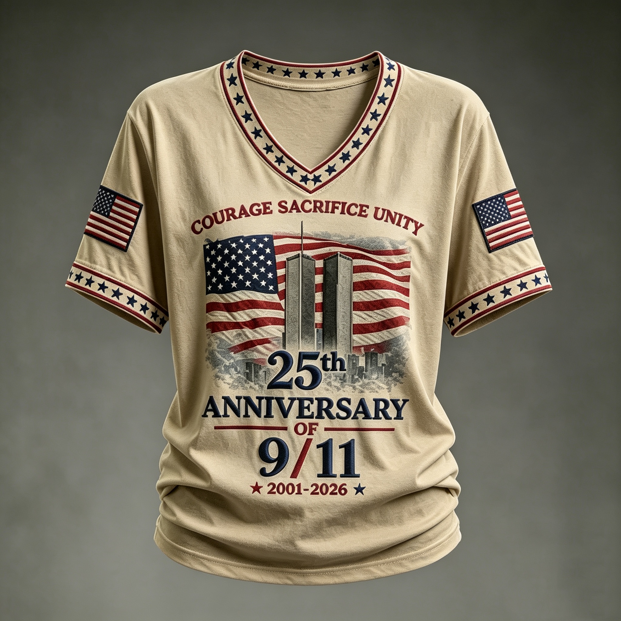 25th Anniversary of 9/11 Memorial Courage Sacrifice Unity Patriotic V Neck T Shirt