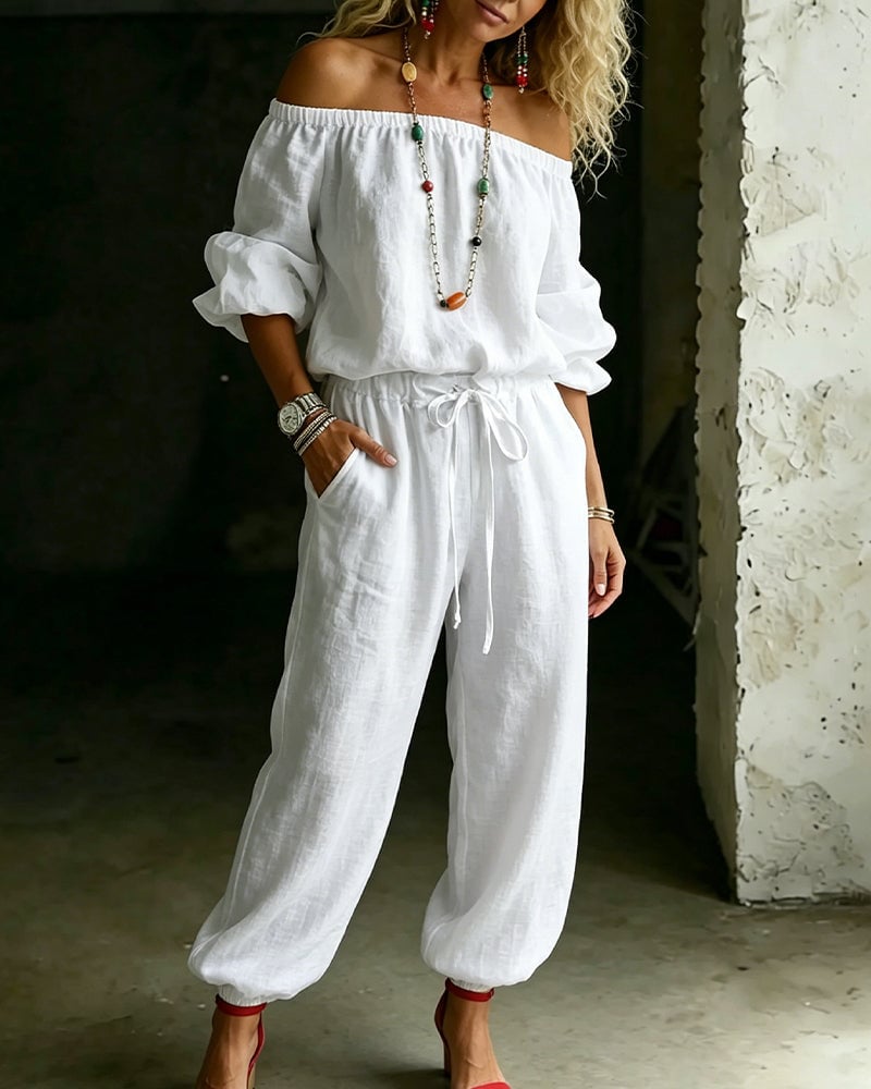 LuxeSilhouette – Off-Shoulder Tie Waist Jumpsuit