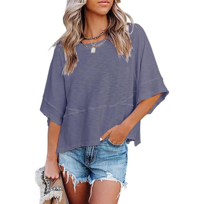 Women's Summer Casual Crewneck Batwing Half Sleeve T-Shirts Solid Color Loose Fit Cute Basic Flowy Tops Tees Blouses