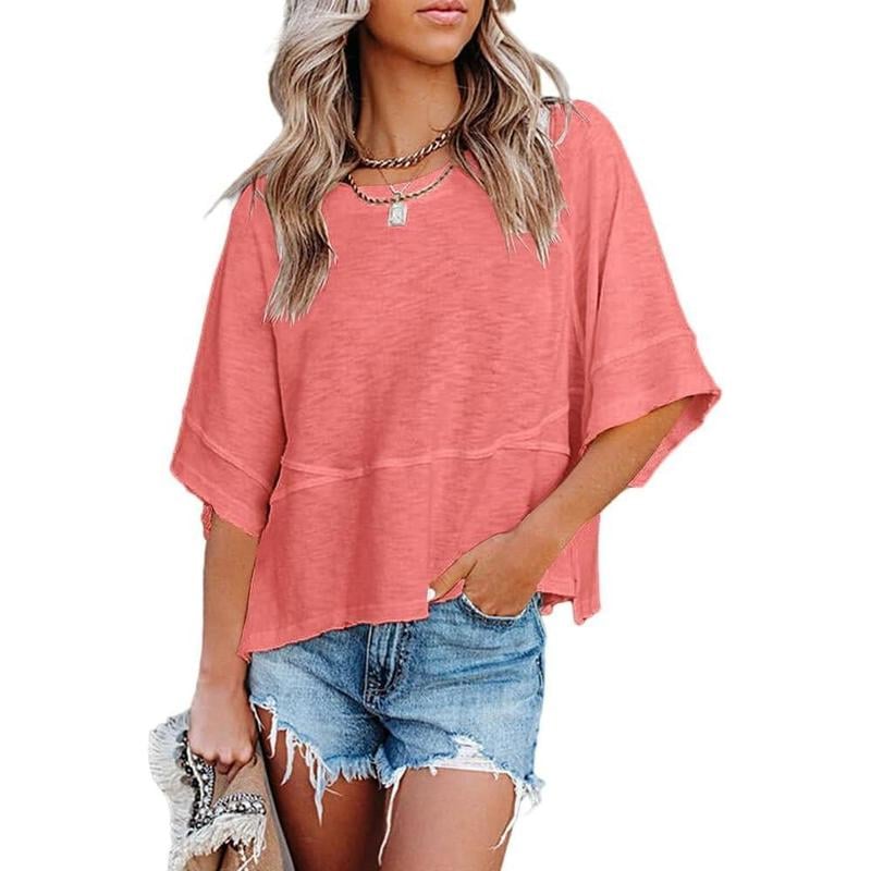 Women's Summer Casual Crewneck Batwing Half Sleeve T-Shirts Solid Color Loose Fit Cute Basic Flowy Tops Tees Blouses