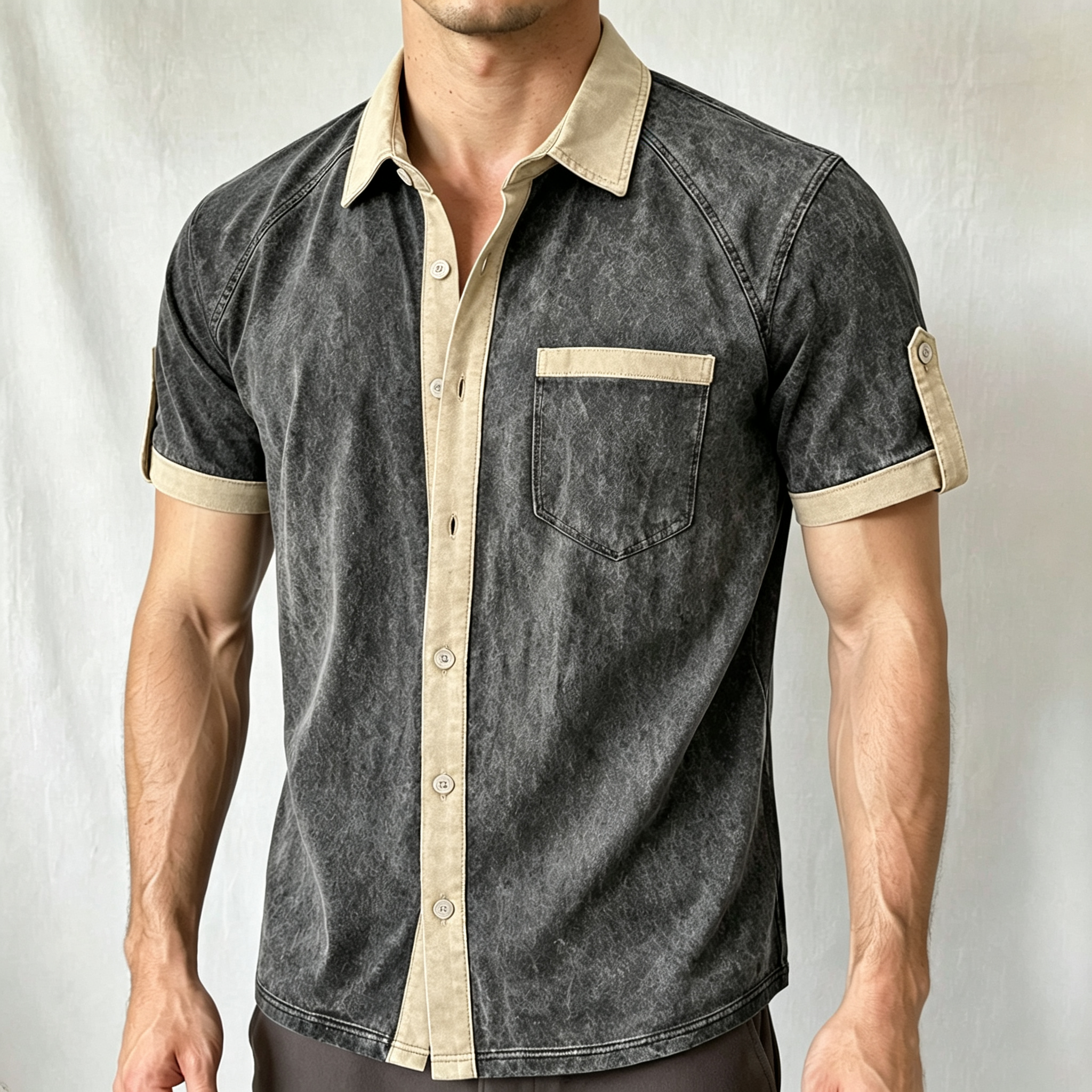 Vintage Washed Contrast Trim Pocket Short Sleeve Shirt For Men