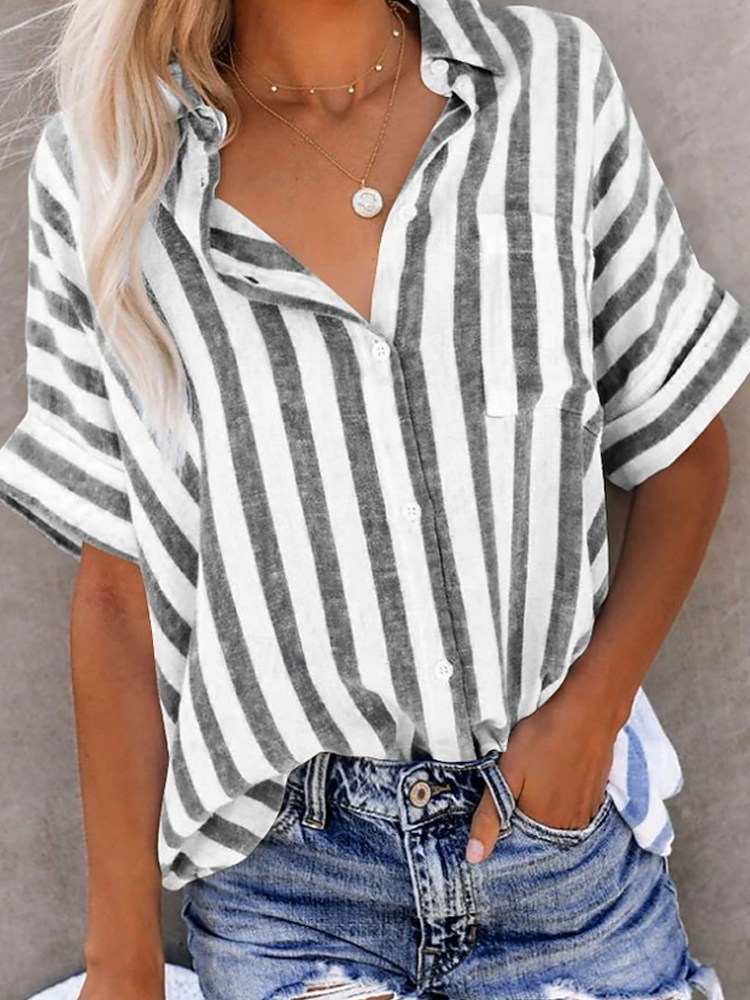 Women Vertical Stripe Rolled Short Sleeve Pocket Button Down Shirt