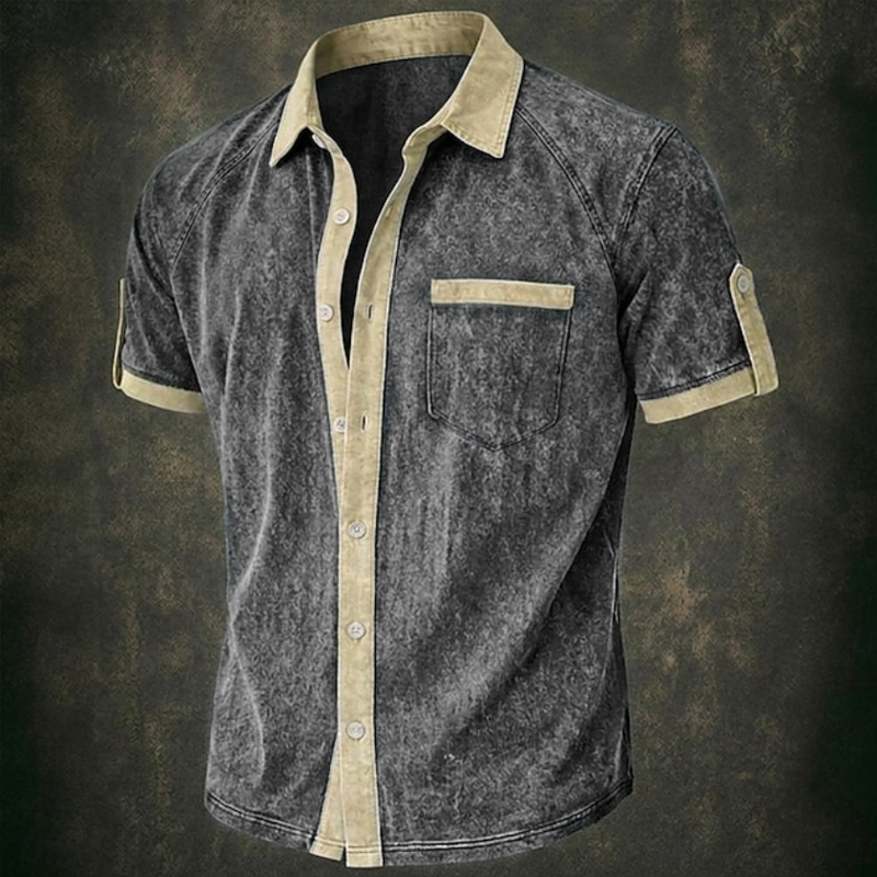 Vintage Washed Contrast Trim Pocket Short Sleeve Shirt For Men