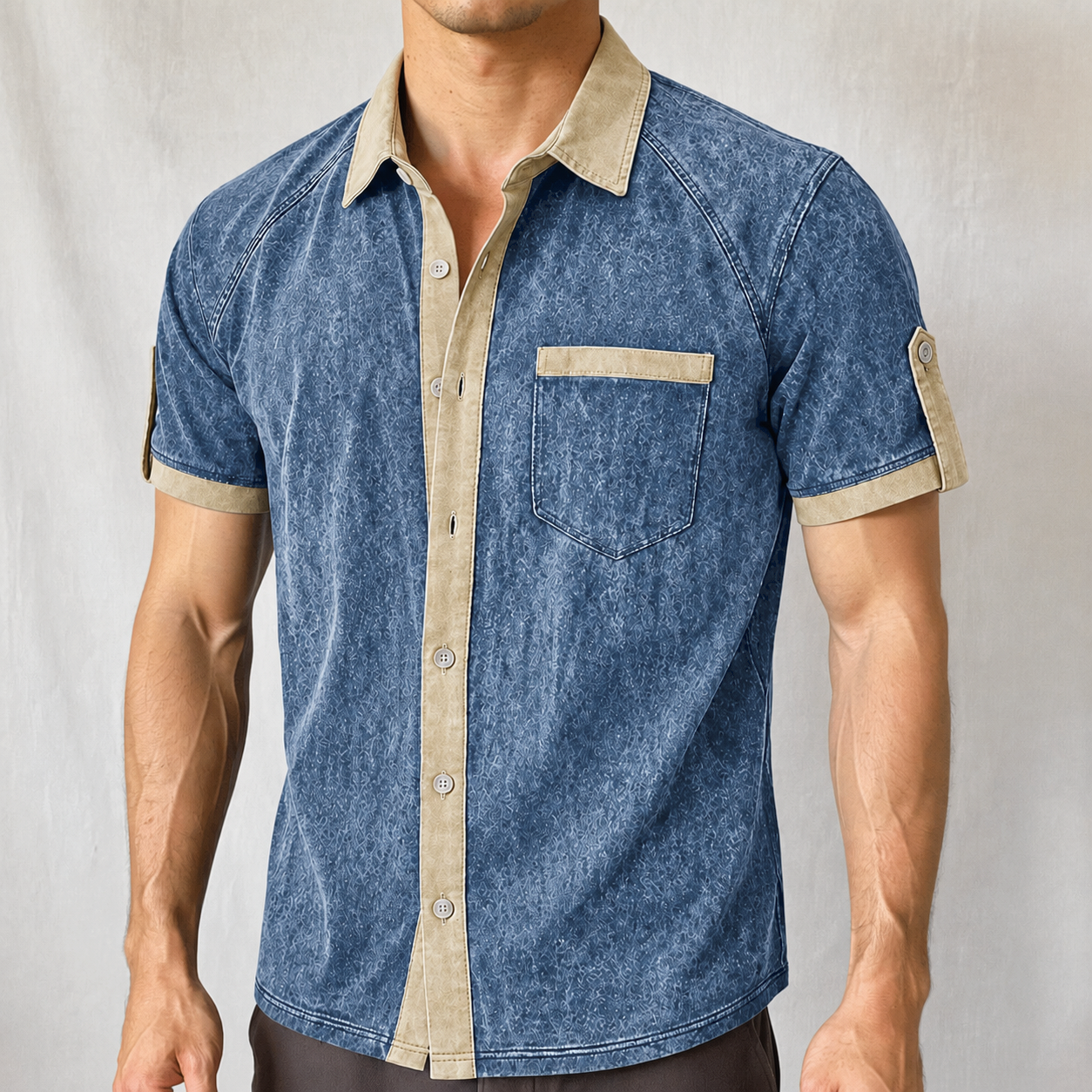 Vintage Washed Contrast Trim Pocket Short Sleeve Shirt For Men