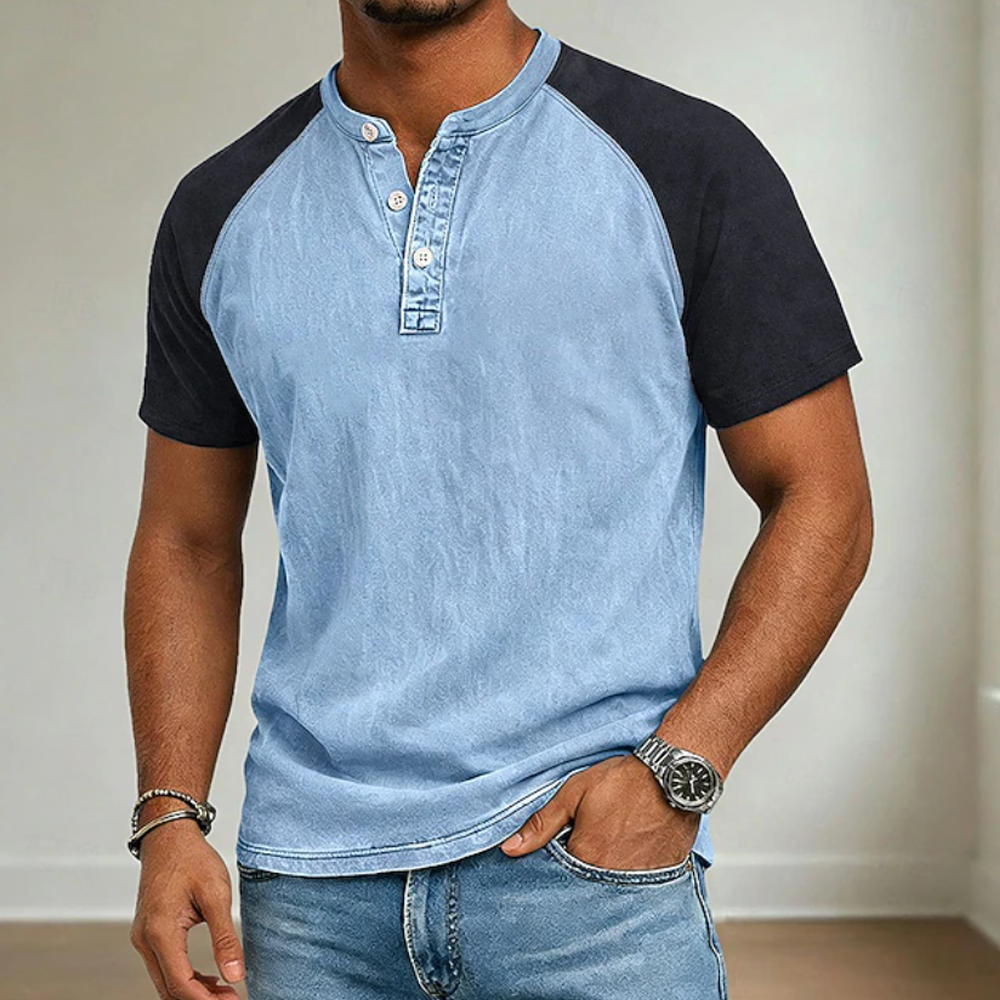 Color Block Raglan Sleeve Washed Denim Henley Tee For Men
