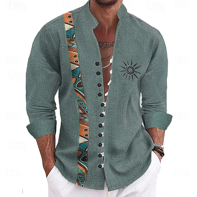 Boho Ethnic Print Sun Embroidery Linen Shirt For Men