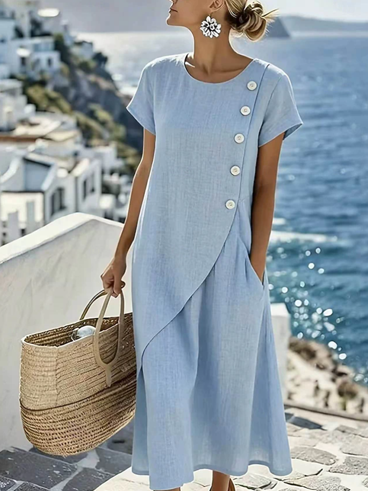 Asymmetric Side Button Linen Pocket Midi Dress For Women