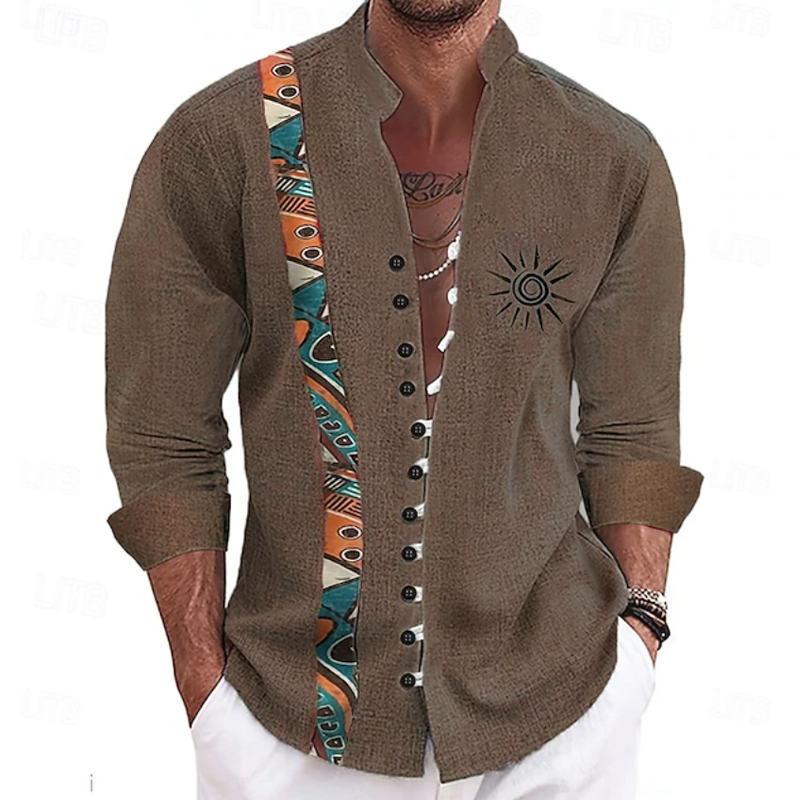 Boho Ethnic Print Sun Embroidery Linen Shirt For Men