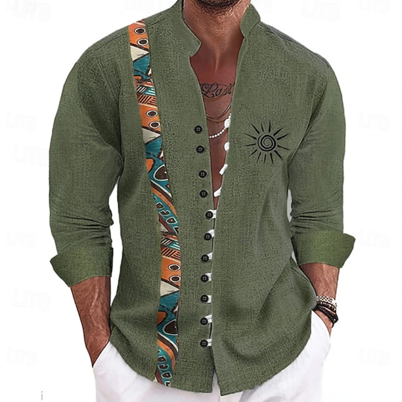 Boho Ethnic Print Sun Embroidery Linen Shirt For Men