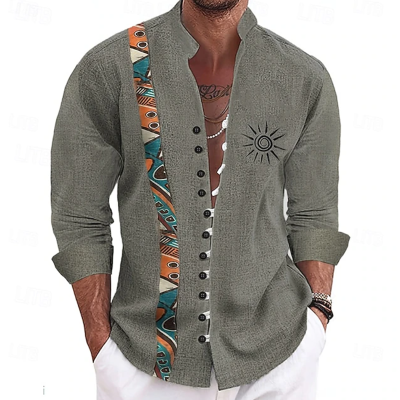 Boho Ethnic Print Sun Embroidery Linen Shirt For Men