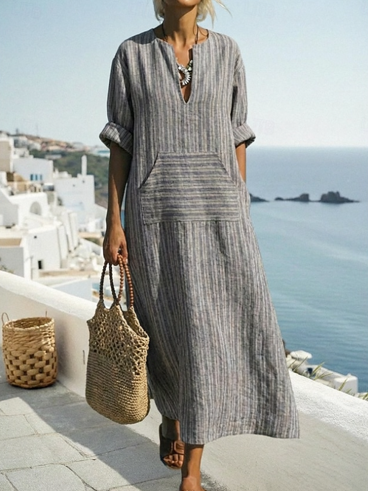 Women Striped Linen Roll Sleeve Pocket Split Neck Maxi Dress